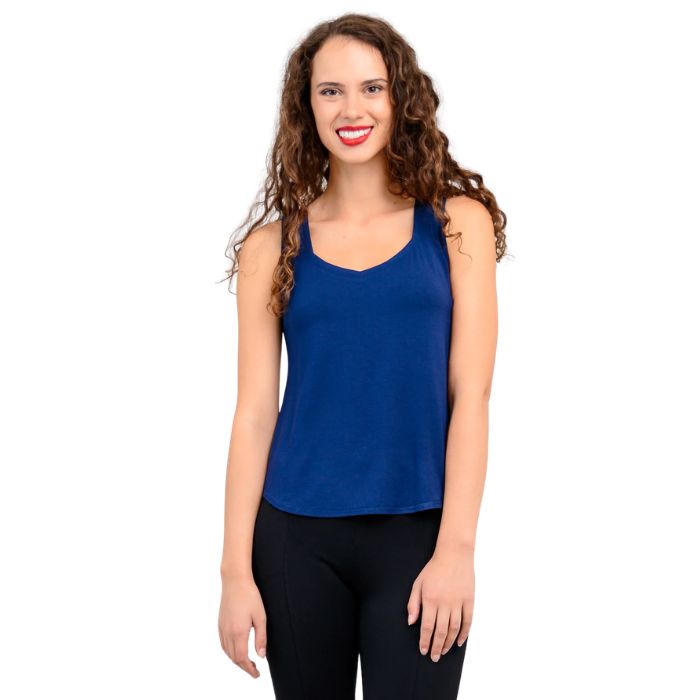 female model wearing indigo blue ritzy tank top front view on white background