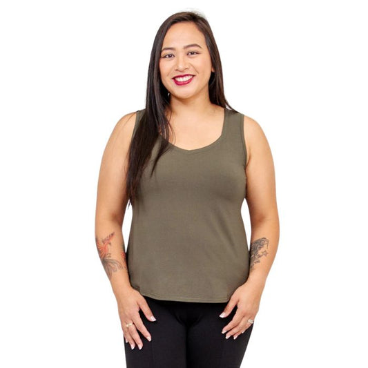 female model wearing khaki green ritzy tank top front view on white background
