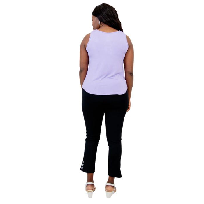 female model wearing lavender purple ritzy tank top and black nadine cropped pants back view on white background