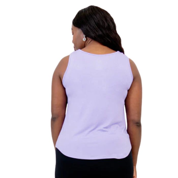 female model wearing lavender purple ritzy tank top back view on white background