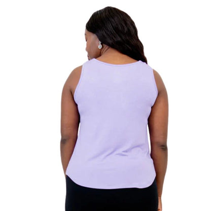 female model wearing lavender purple ritzy tank top back view on white background