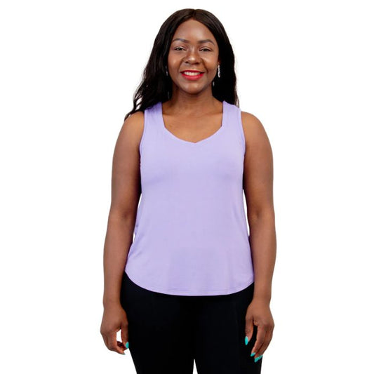 female model wearing lavender purple ritzy tank top front view on white background