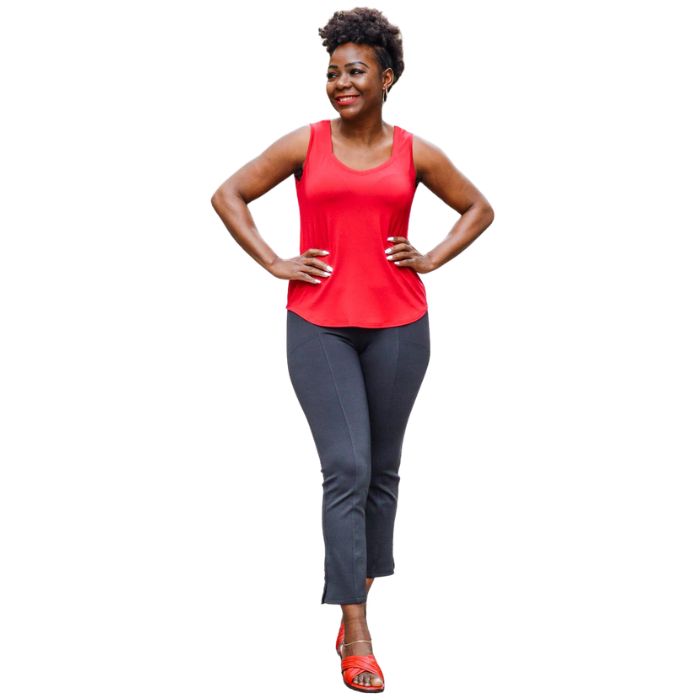 female model wearing lipstick red ritzy tank top and granite grey nadine cropped pants front view on white background