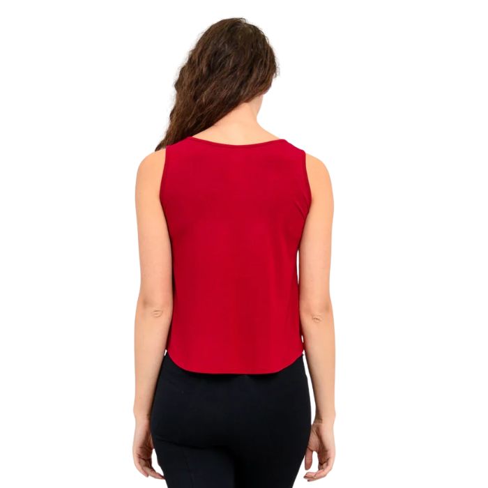 female model wearing lipstick red ritzy tank top back view on white background