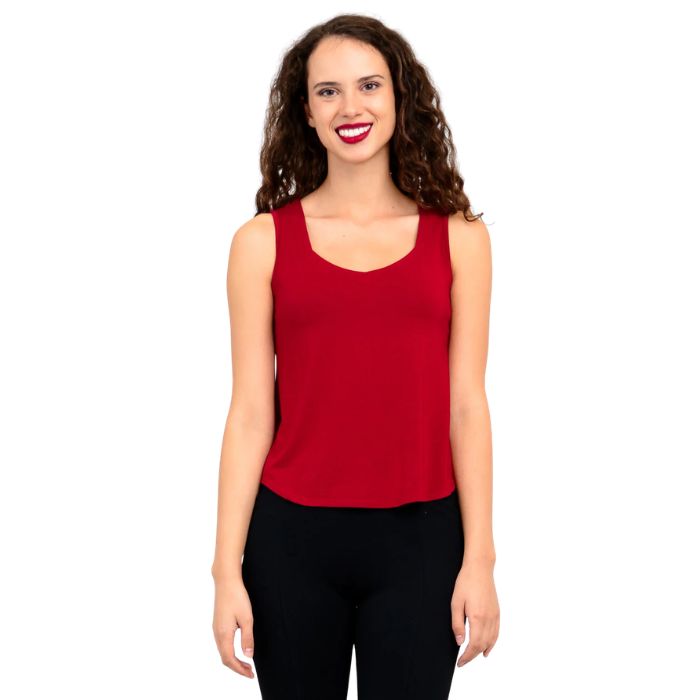 female model wearing lipstick red ritzy tank top front view on white background
