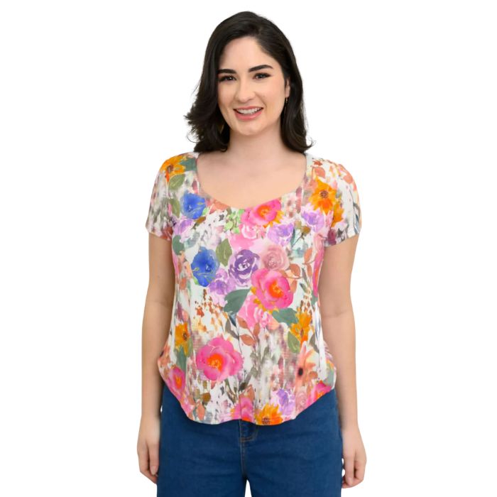 female model wearing pink bouquet print ritzy top front view on white background