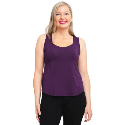 female model wearing royale purple  ritzy tank top front view on white background