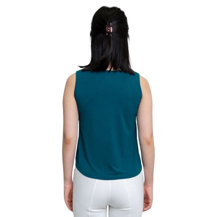 female model wearing teal green ritzy tank top back view on white background