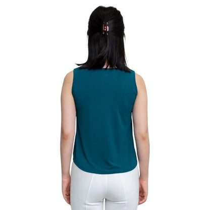 female model wearing teal green ritzy tank top back view on white background