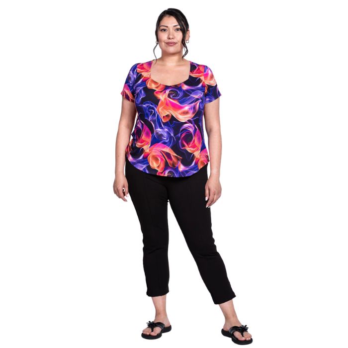 female model wearing violet daze print ritzy top and black nadine cropped pants front view on white background