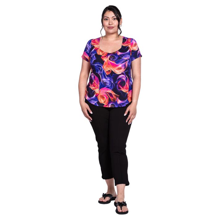 female model wearing violet daze print ritzy top and black nadine cropped pants front view on white background