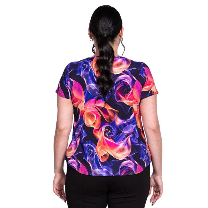 female model wearing violet daze print ritzy top back view on white background