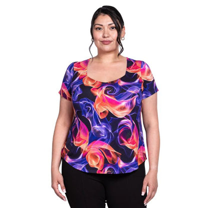 female model wearing violet daze print ritzy top front view on white background