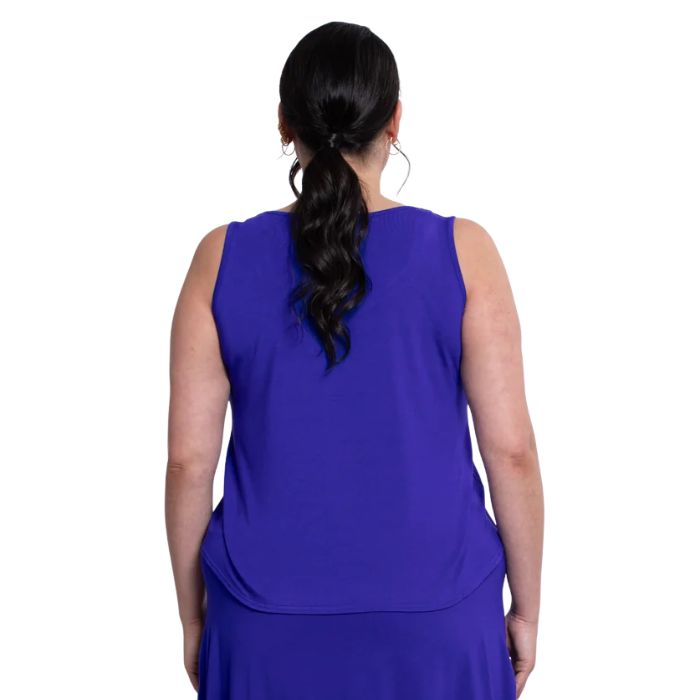 female model wearing violet purple  ritzy tank top back view on white background