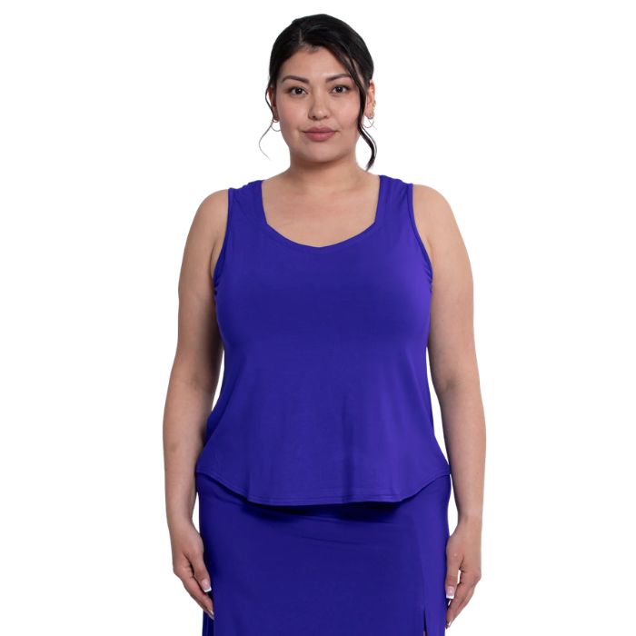 female model wearing violet purple  ritzy tank top front view on white background