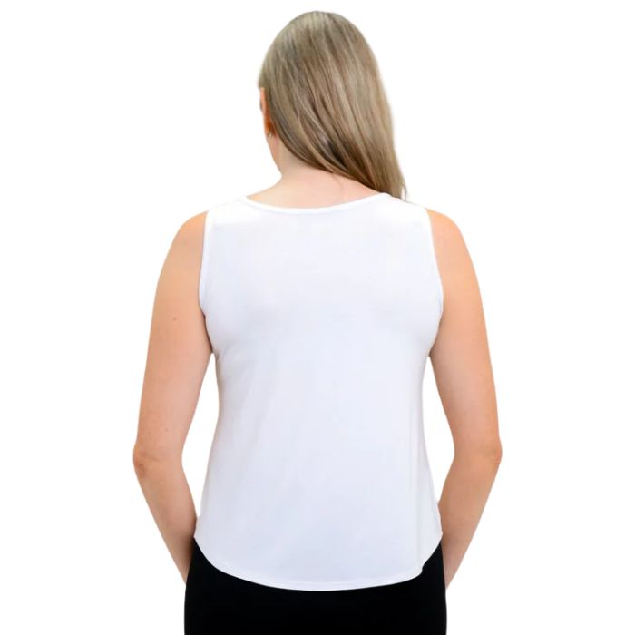 female model wearing white ritzy tank top back view on white background