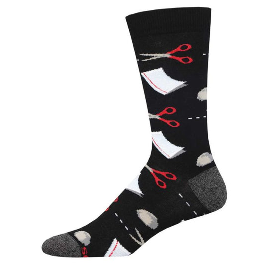 rock, paper, scissors sock, black crew sock with rocks, sheets of paper and pairs of scissors print on white background