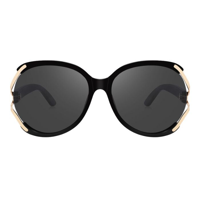 rosewood sunglasses black and gold frames and black lenses front view on white background
