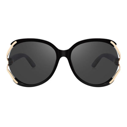 rosewood sunglasses black and gold frames and black lenses front view on white background