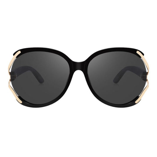 rosewood sunglasses black and gold frames and black lenses front view on white background