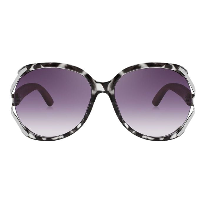 rosewood sunglasses black and white marble frames and black lenses front view on white background