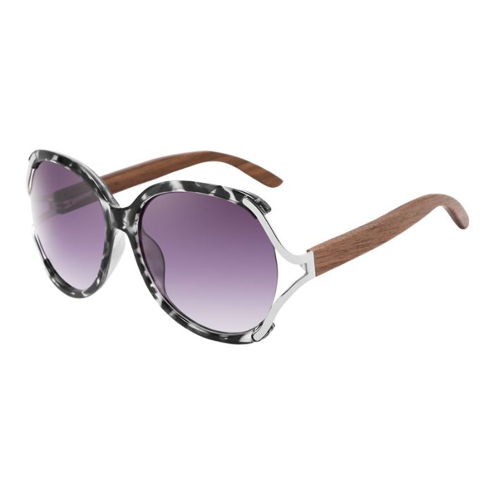 rosewood sunglasses black and white marble frames and black lenses over view on white background