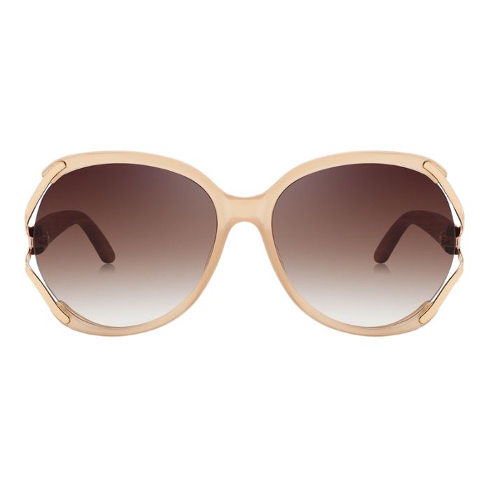 rosewood sunglasses tan and gold frames and brown lenses front view on white background