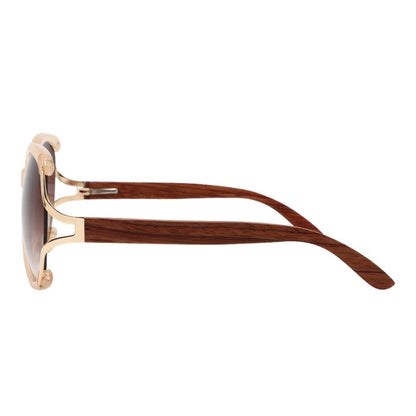 rosewood sunglasses tan and gold frames and brown lenses side view on white background