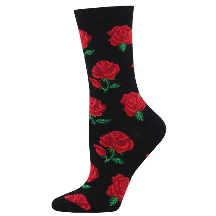 Rosy toes sock black crew sock with red rose print on white background