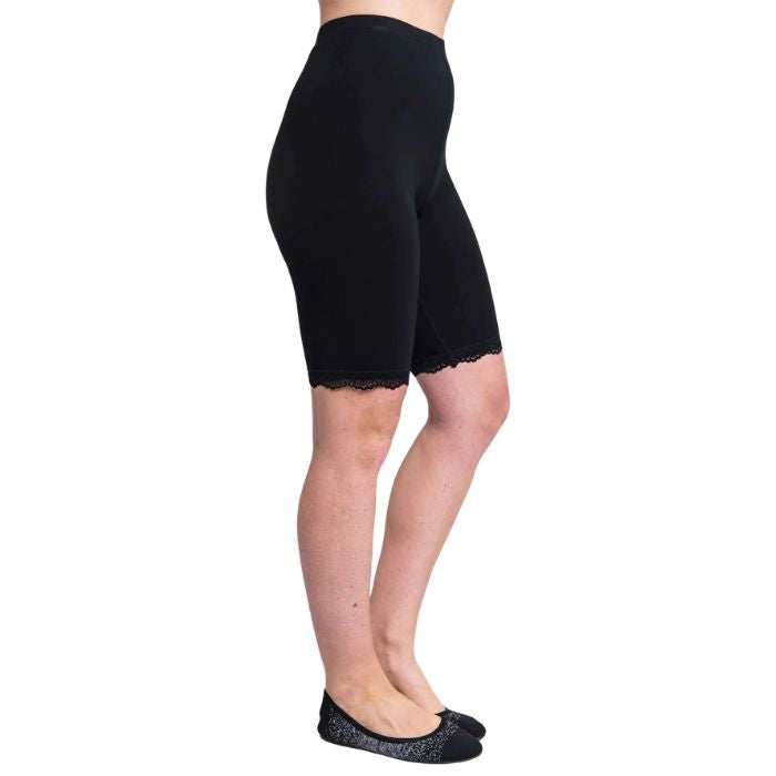 female model wearing black rubia undershorts side view on white background