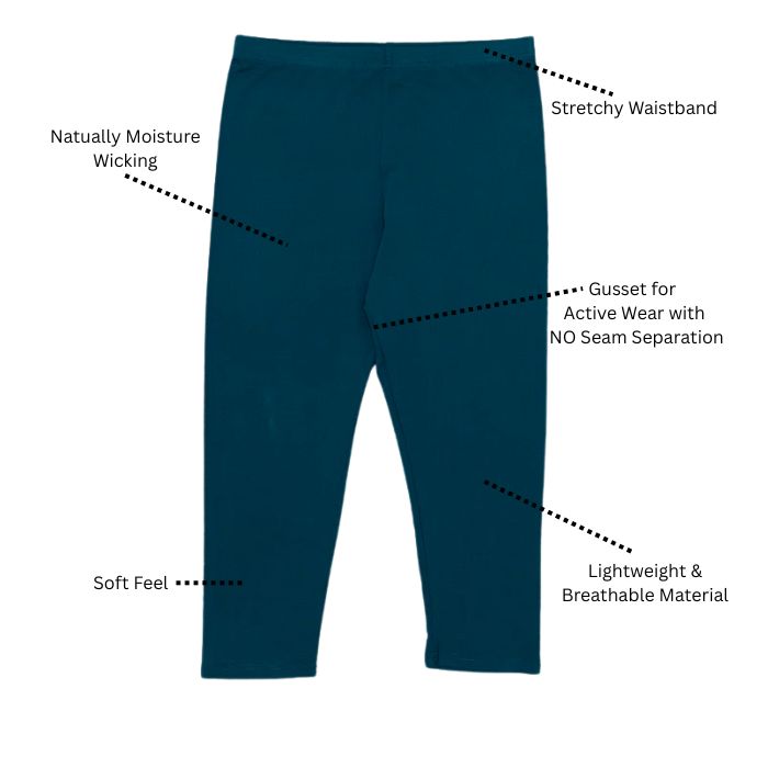 ruby capri leggings, naturally moisture wicking, stretchy waistband, soft feel, lightweight & breathable material with a gusset for active wear with no seam separation