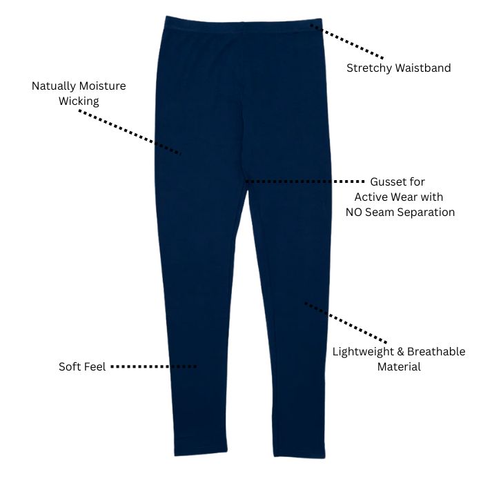 ruby leggings, naturally moisture wicking, stretchy waistband, soft feel, lightweight & breathable material with a gusset for active wear with no seam separation