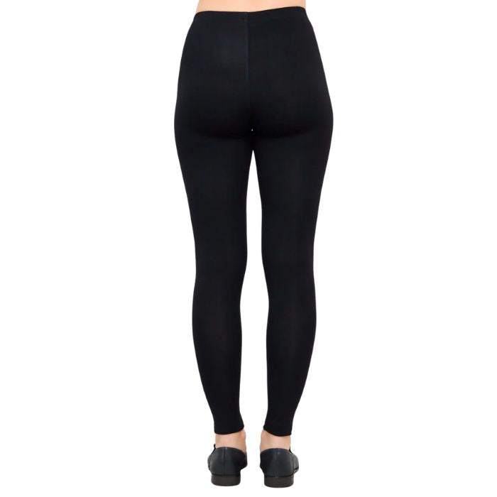 female model wearing black ruby leggings back view on white background