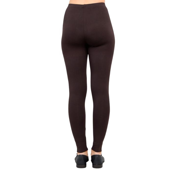 female model wearing coffee brown ruby leggings back view on white background