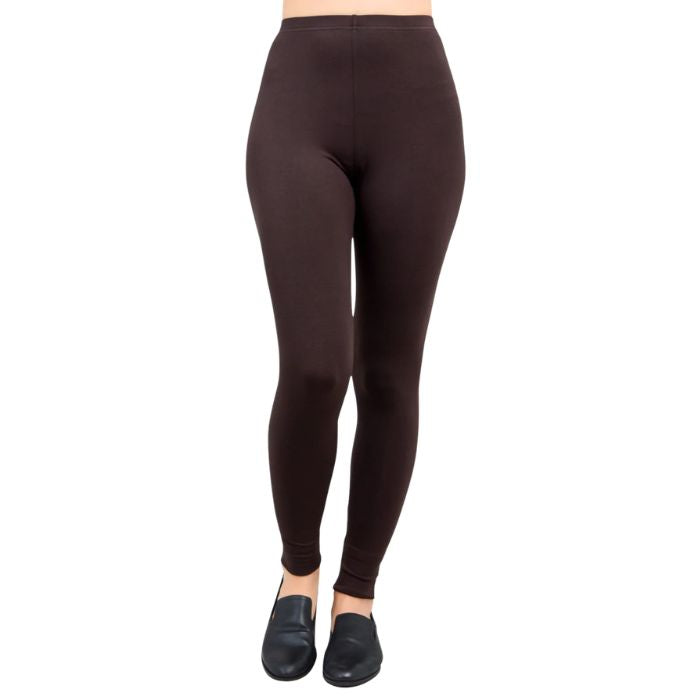 female model wearing coffee brown ruby leggings front view on white background