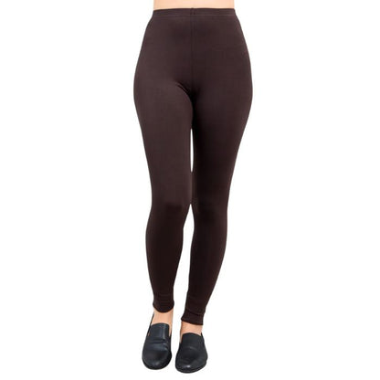 female model wearing coffee brown ruby leggings front view on white background