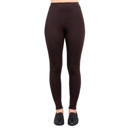 female model wearing coffee brown ruby leggings front view on white background