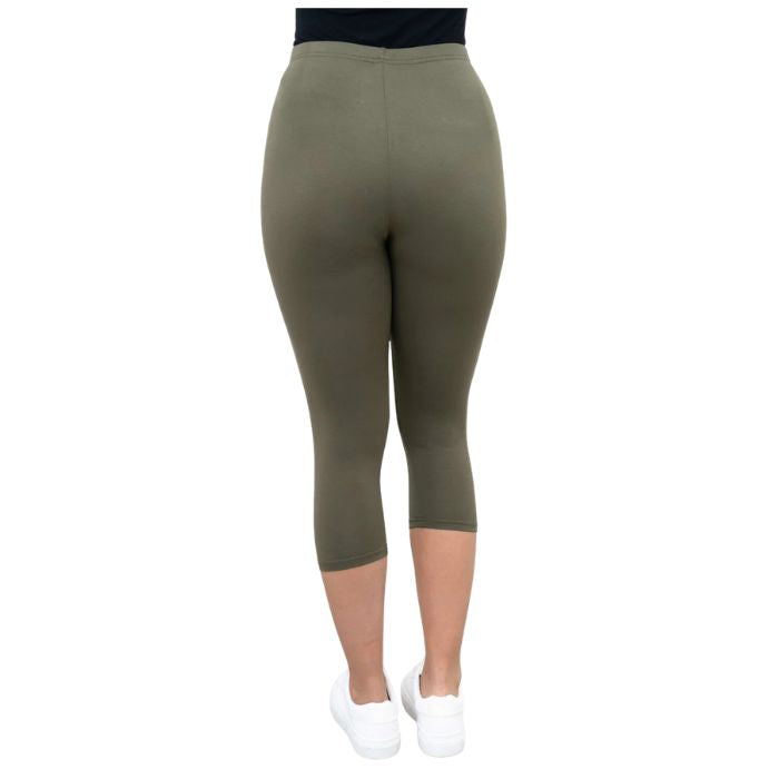 female model wearing khaki green ruby capri leggings back view on white background