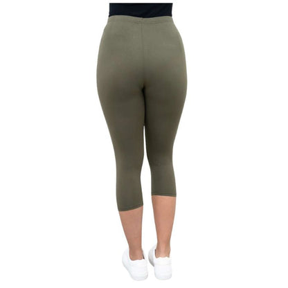 female model wearing khaki green ruby capri leggings back view on white background