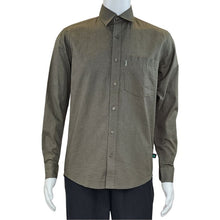 top of white mannequin wearing army green ryan button up dress shirt front view on white background