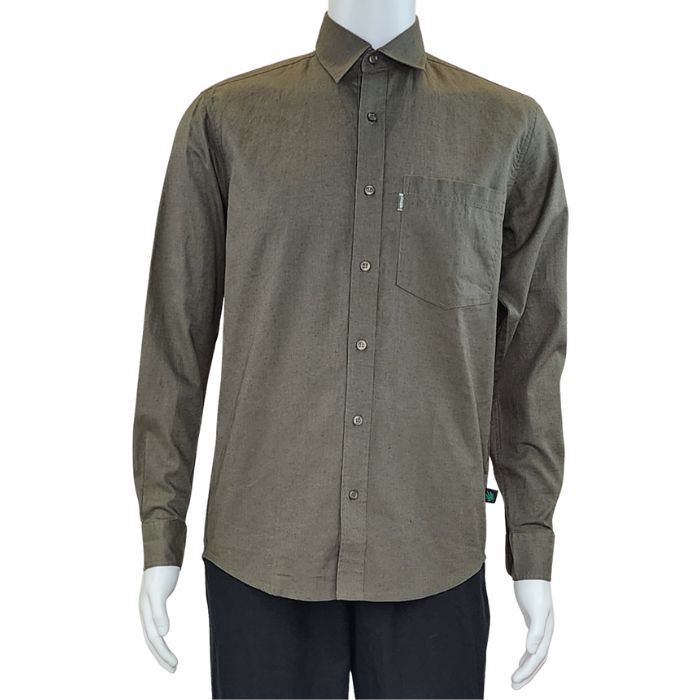 top of white mannequin wearing army green ryan button up dress shirt front view on white background