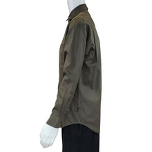 top of white mannequin wearing army green ryan button up dress shirt side view on white background