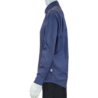 top of white mannequin wearing blue ryan button up dress shirt side view on white background