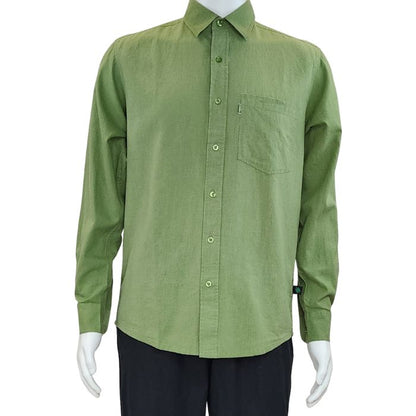 top of white mannequin wearing celery green ryan button up dress shirt front view on white background