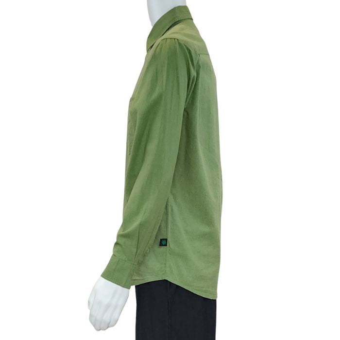 top of white mannequin wearing celery green ryan button up dress shirt side view on white background