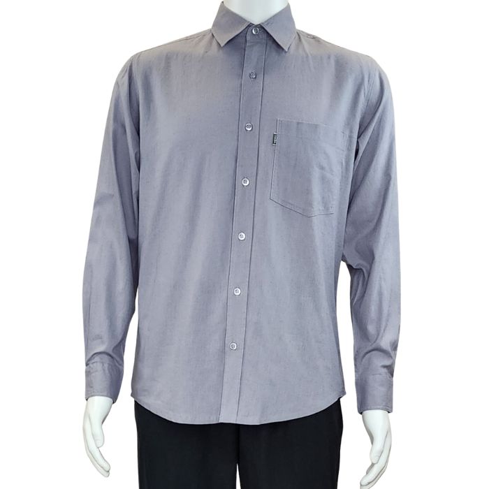 top of white mannequin wearing grey ryan button up dress shirt front view on white background