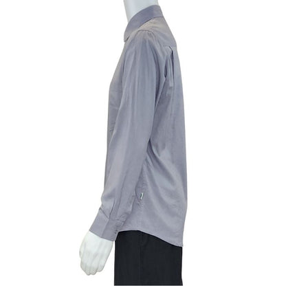 top of white mannequin wearing grey ryan button up dress shirt side view on white background