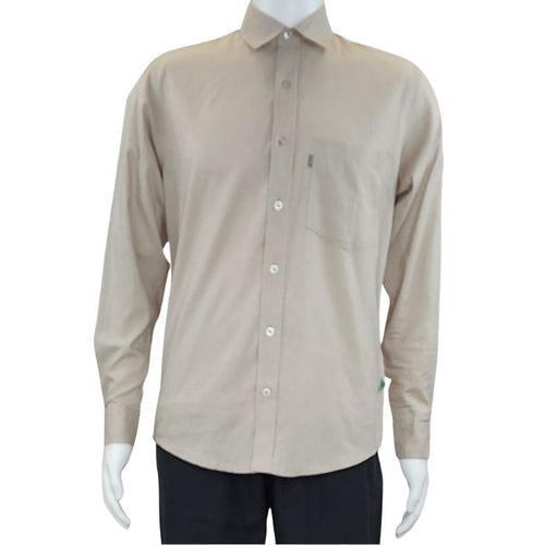top of white mannequin wearing oatmeal brown ryan button up dress shirt front view on white background