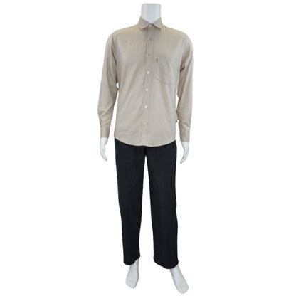 white mannequin wearing oatmeal brown ryan button up dress shirt and and black jim pants front view on white background