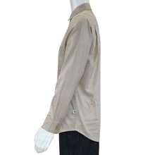 top of white mannequin wearing oatmeal brown ryan button up dress shirt side view on white background